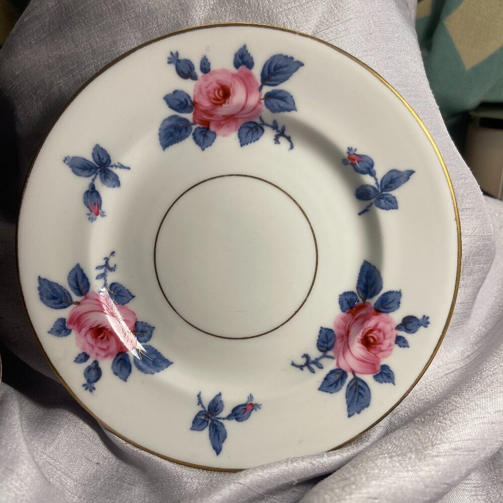 Saucer with Roses with blue leaves and Gold trim edging
